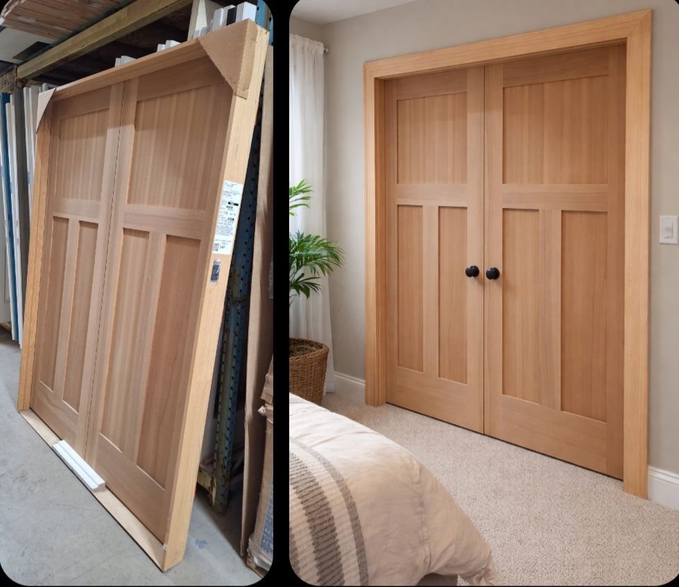 A side-by-side comparison of natural wood double doors, shown pre-assembled in a workshop and installed in a bedroom.
