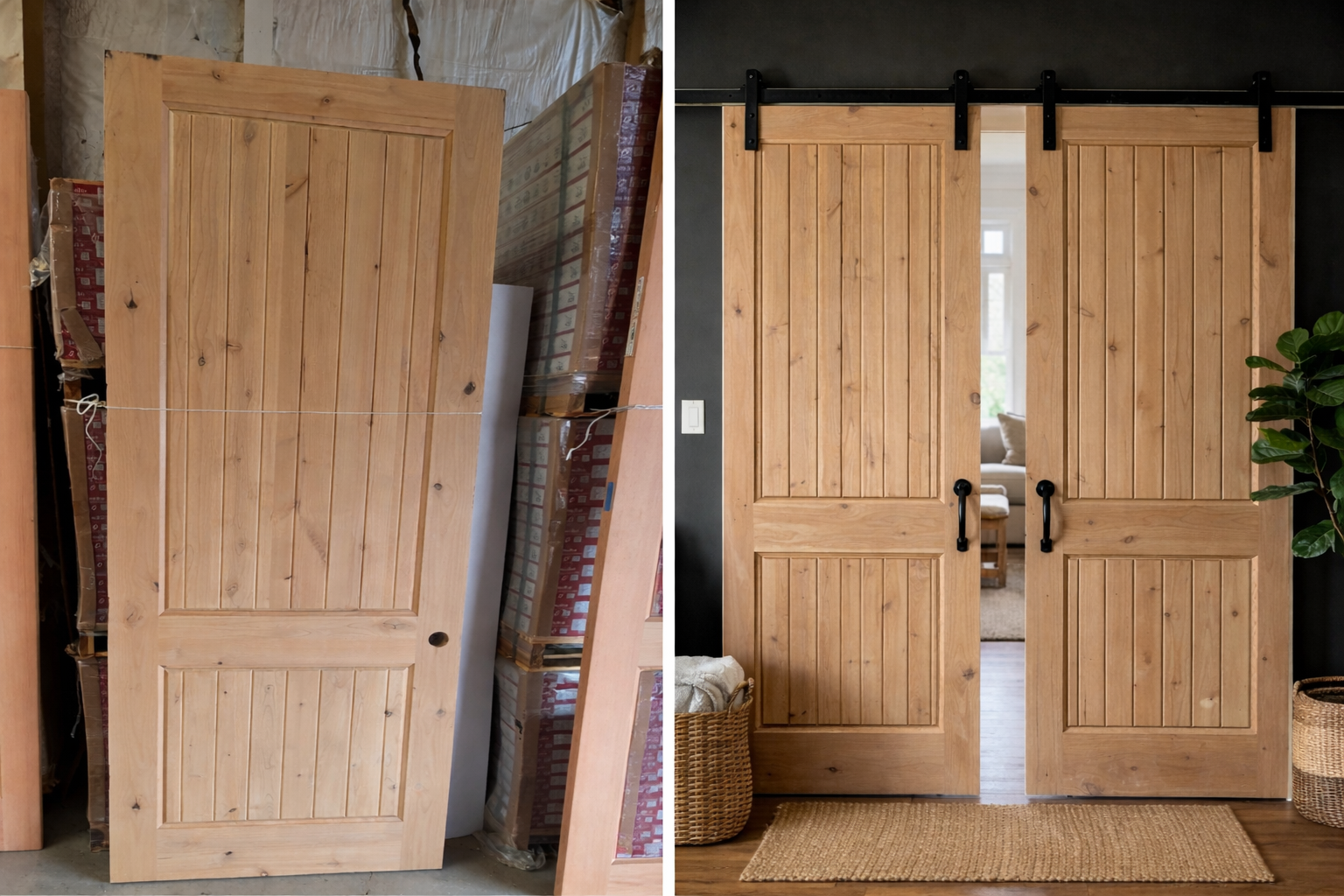 Split view of a single unfinished light wood door next to two finished sliding barn doors with black hardware.