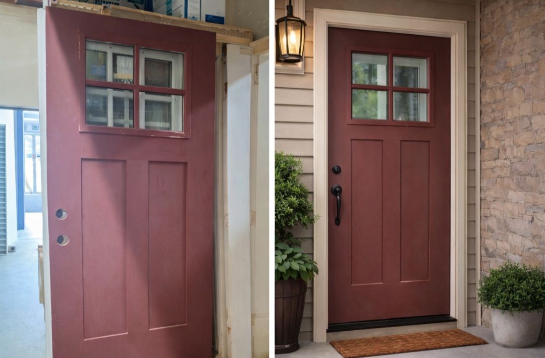 Before and after view of a burgundy, four-pane glass door installed in a residential entryway.