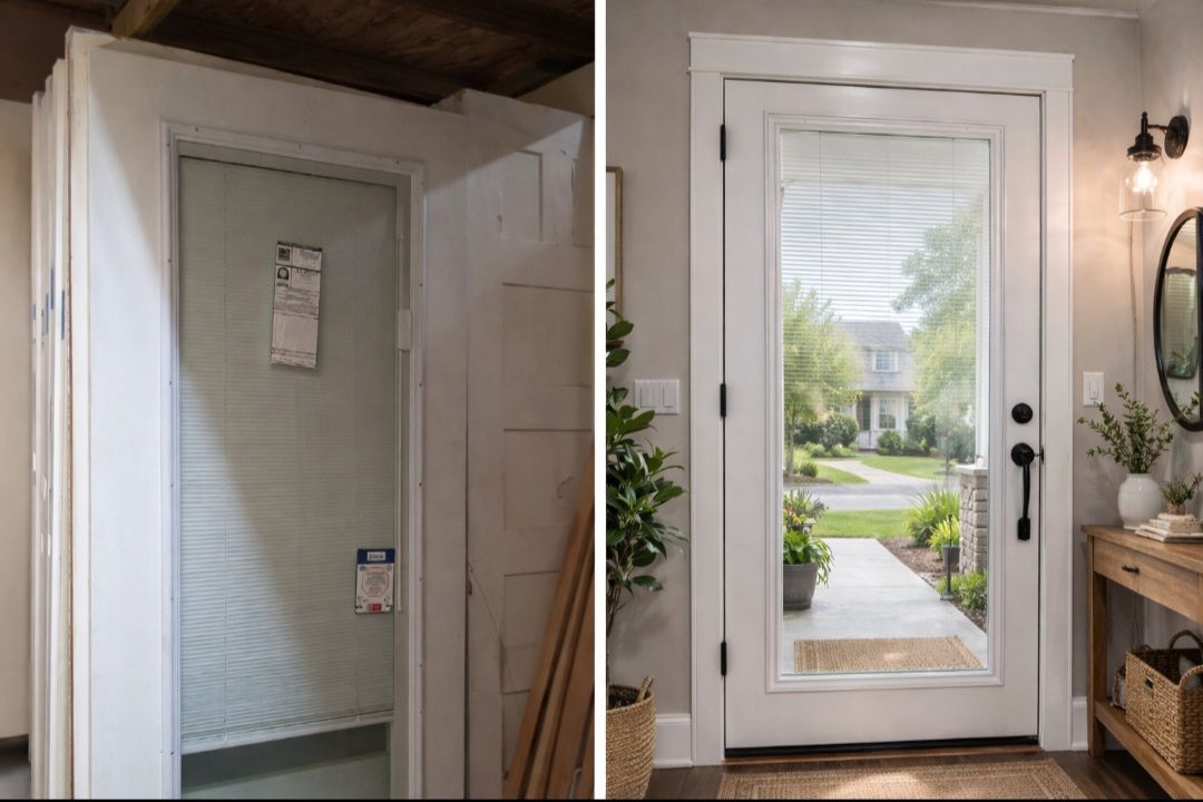 Before-and-after comparison of a white door: raw, wrapped door in a workshop vs. installed as an entryway to a home.