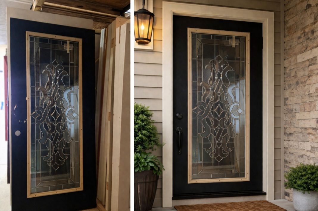 A side-by-side comparison of a black front door with an intricate glass insert, shown in a workshop and installed.