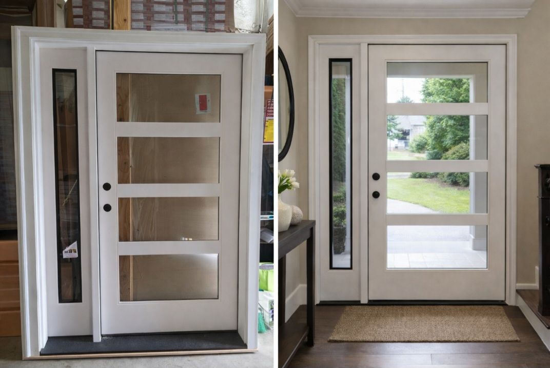 A split image showing a white front door with a side window panel, shown in a workshop and then installed in a home.