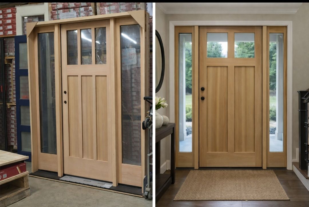 Split view of a light-wood Craftsman-style front door with side panels, shown uninstalled in a shop and installed in a home.