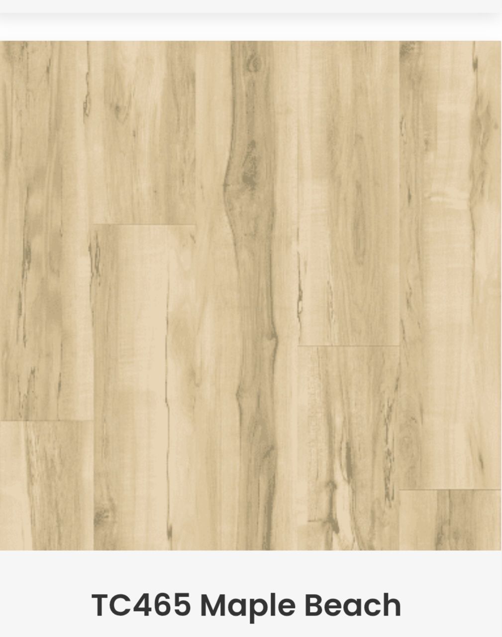 Light-colored wood flooring planks with a natural grain texture, labeled as TC465 Maple Beach