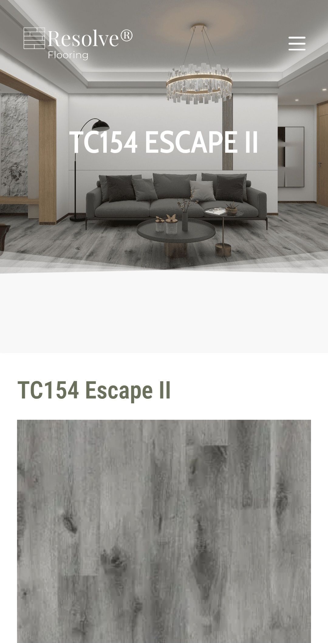 A digital product page displaying the light gray wood-look flooring named TC154 Escape II, shown in a sample and a room view