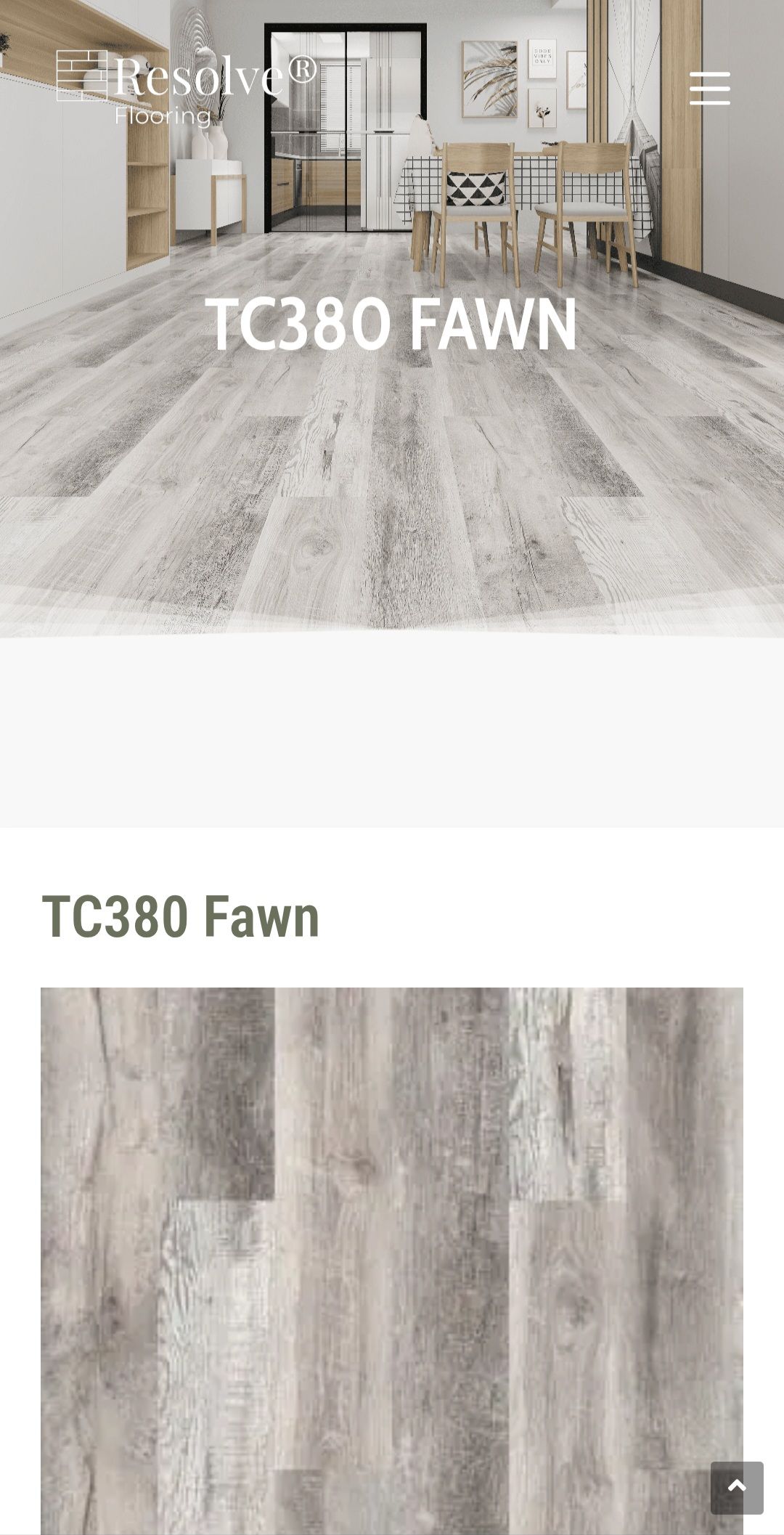 A product display showing TC380 Fawn wood flooring in a room setting and as a close-up sample swatch