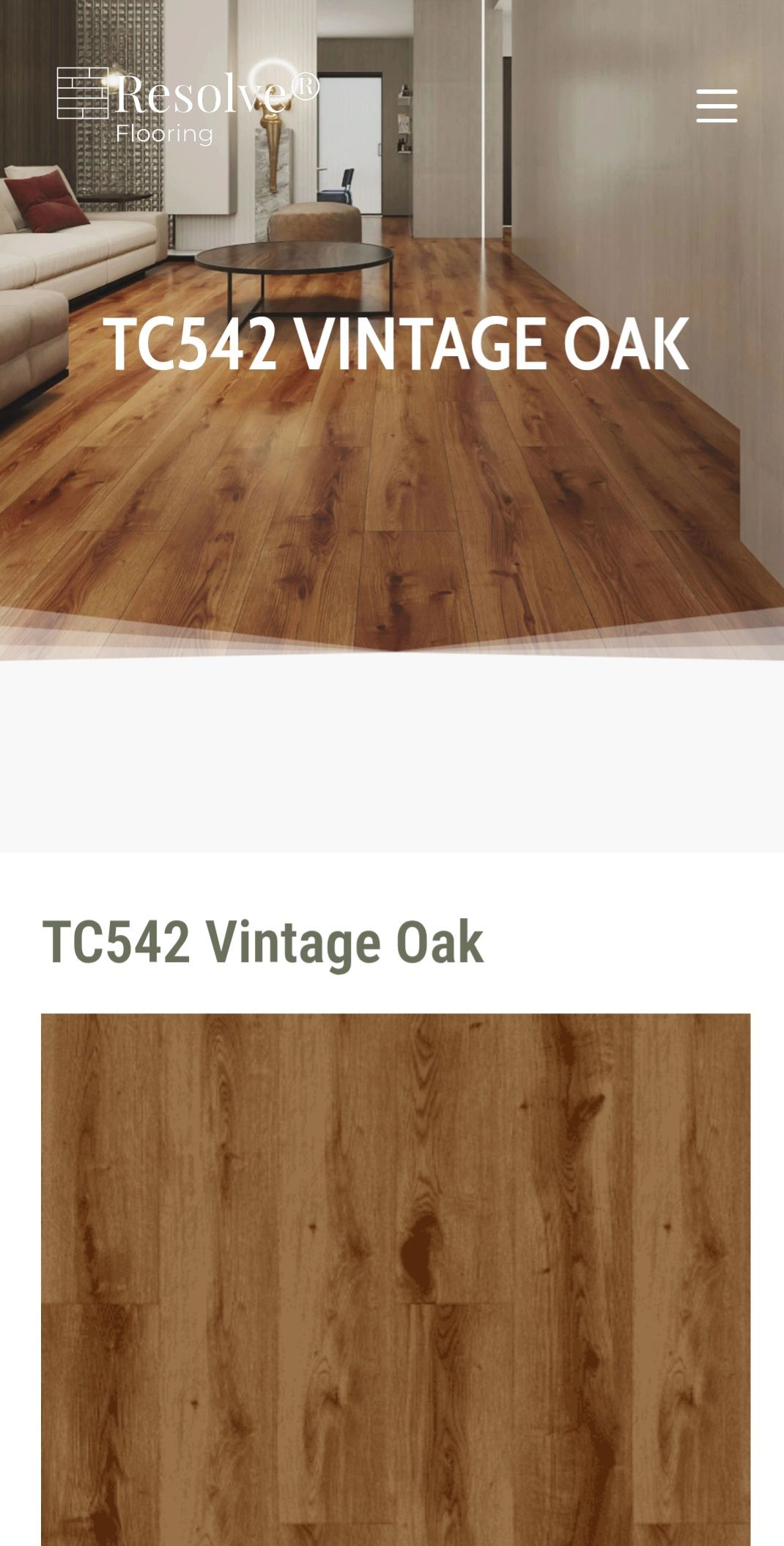 A product display page for TC542 Vintage Oak flooring, featuring a room interior and a wooden plank texture sample