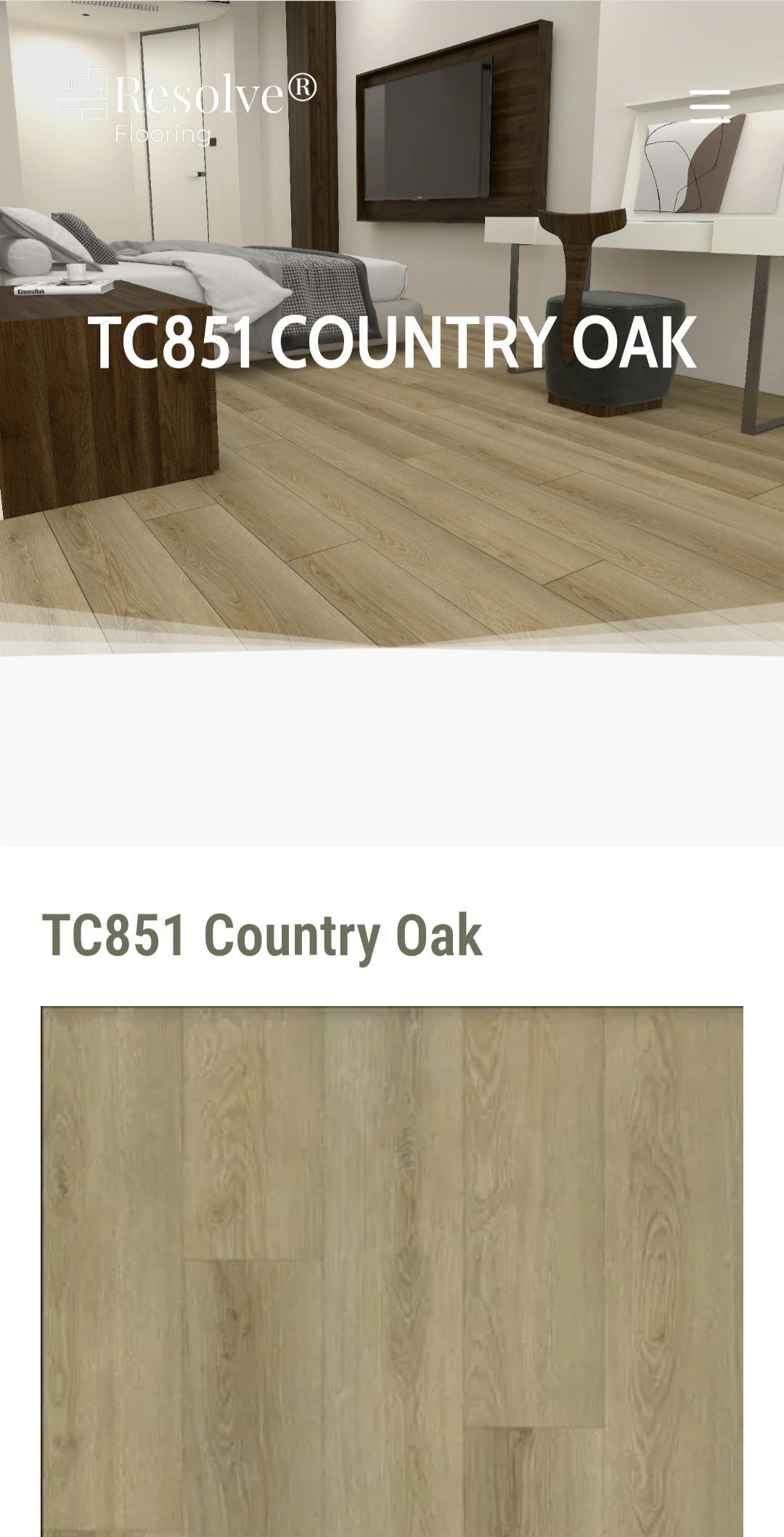 Bedroom interior with light wood-tone flooring, featuring a sample swatch labeled TC851 Country Oak below