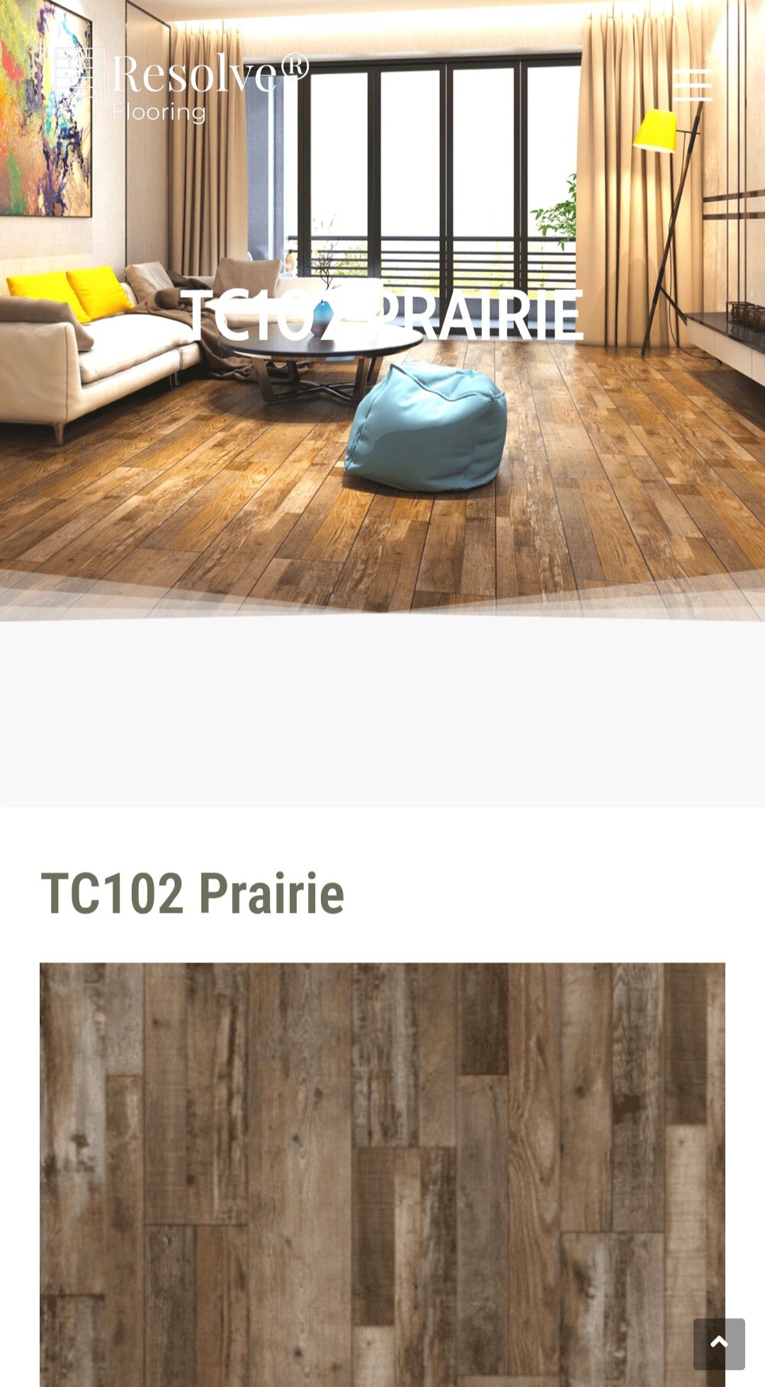 A split view of a modern living room with wood-look flooring and a close-up sample of the brown plank flooring