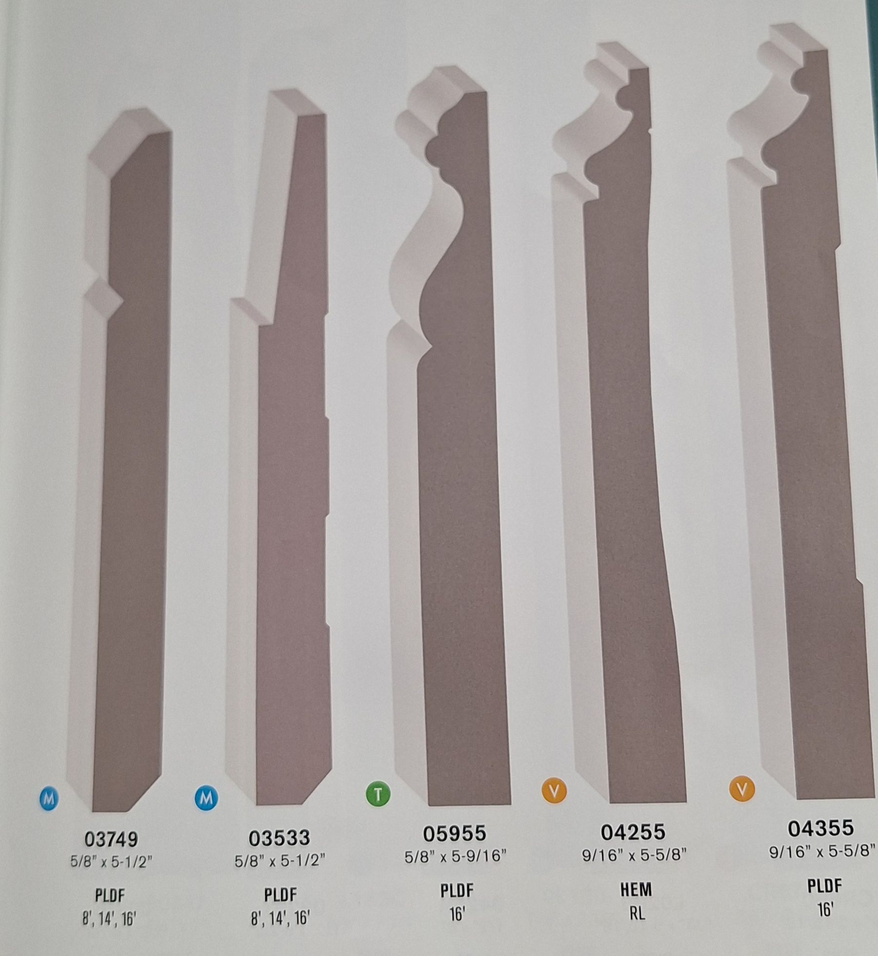 A product catalog page shows five distinct profiles of white molding with labels and dimensions below each