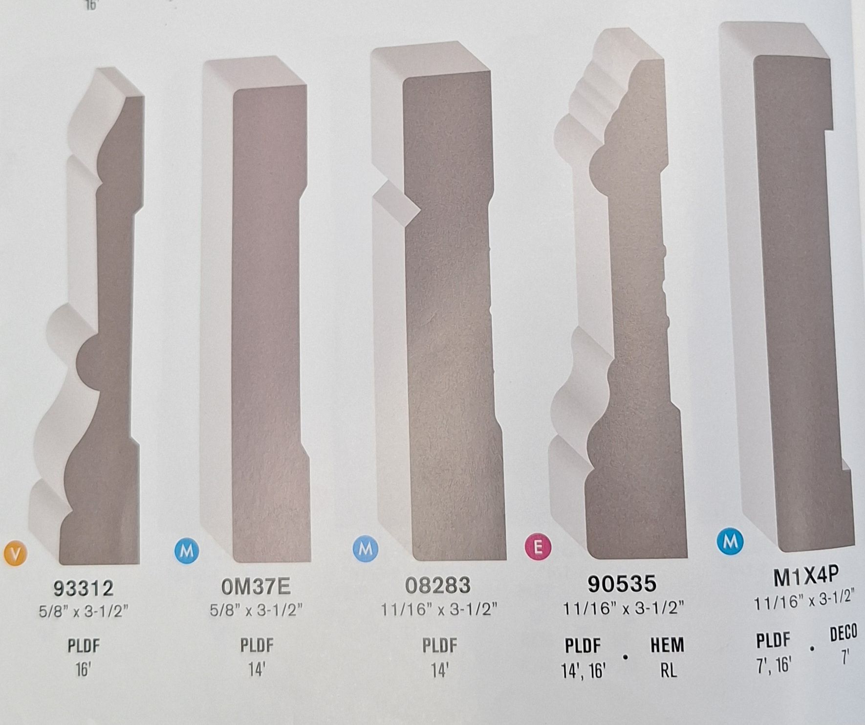 A product catalog image showing five different styles of wood baseboard trim, labeled with model numbers and dimensions