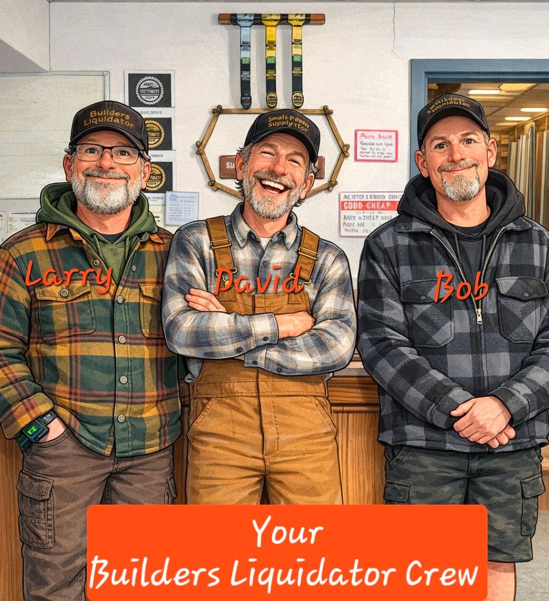Three men wearing caps stand in a workshop behind a sign that reads 