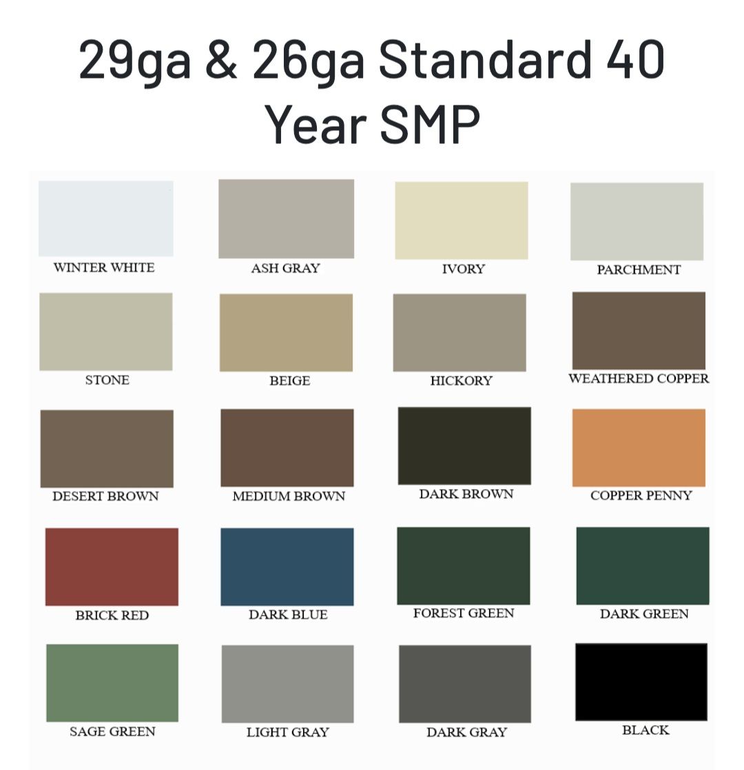 A chart of 20 metal roofing color samples labeled with names like Winter White, Tan, Forest Green, and Black.