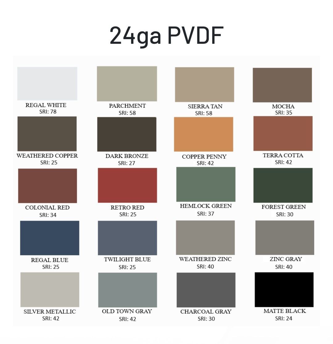 A color chart for 24ga PVDF metal roofing featuring 20 labeled swatches in various neutral, earth, and primary tones.