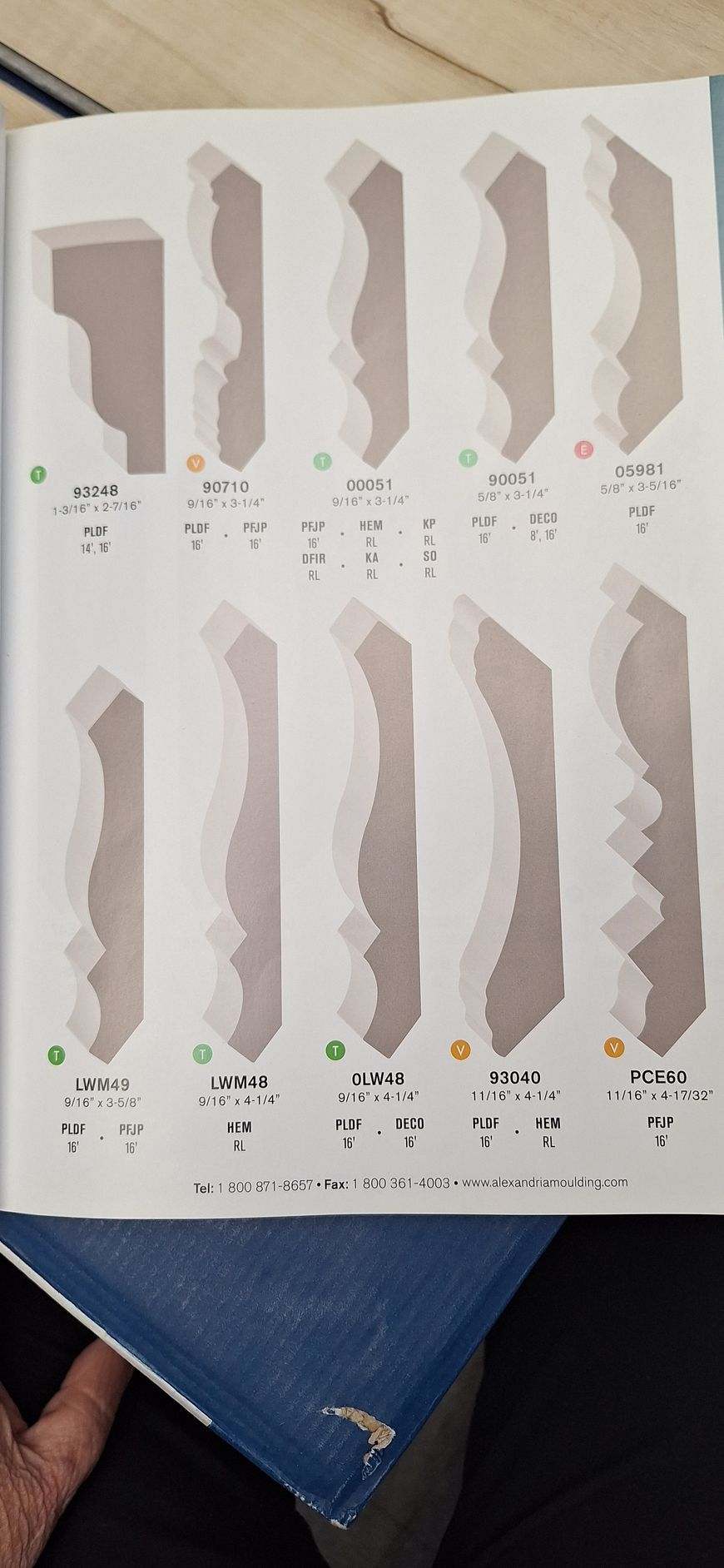 A catalog page showing ten gray cross-sectional diagrams of molding or trim profiles with corresponding labels and data