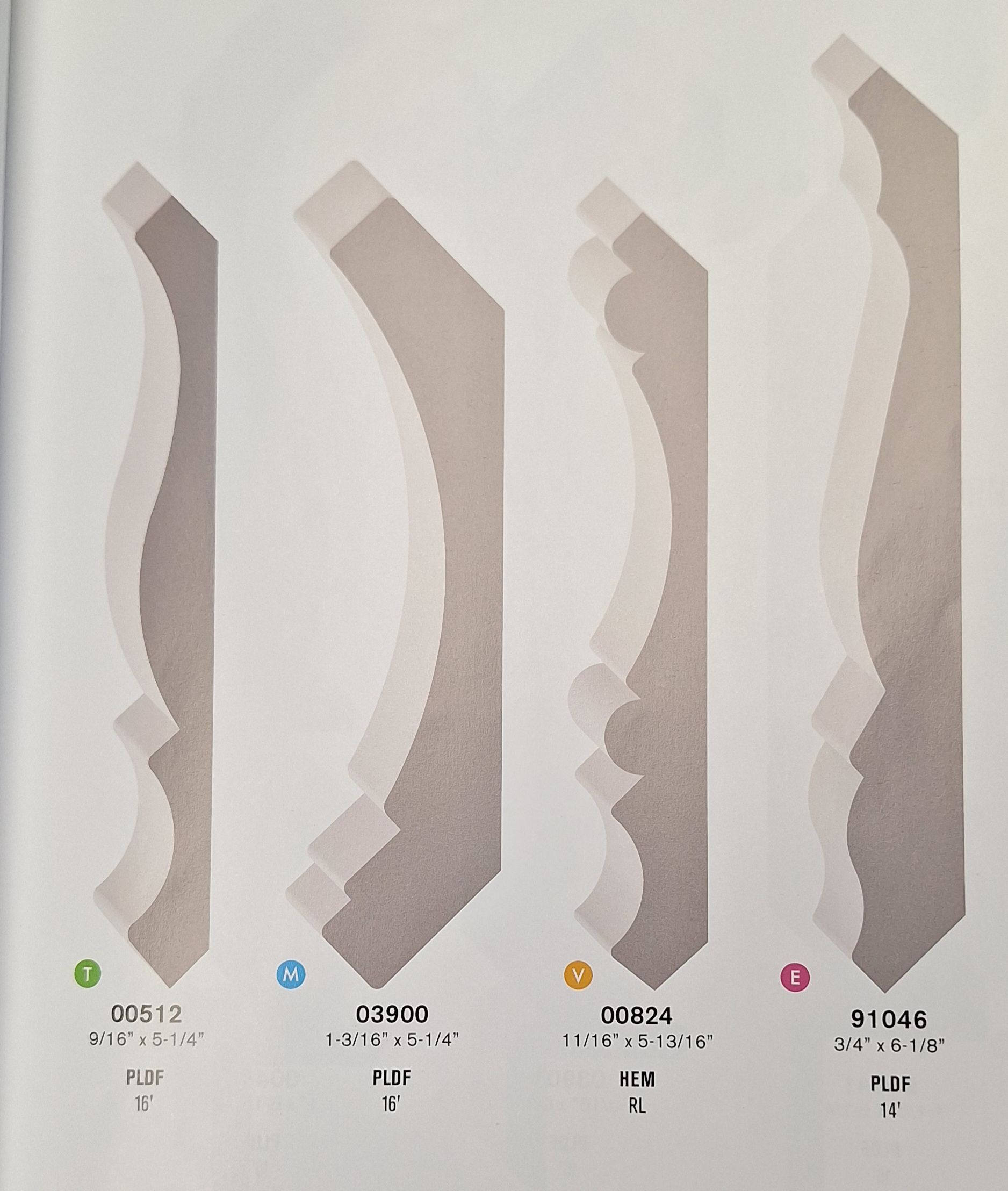 Catalog page showing four different crown molding profiles with their corresponding product codes and model numbers