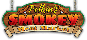 Pelkin's Smokey Meat Market logo. Features a wooden sign with stylized text and sausages.