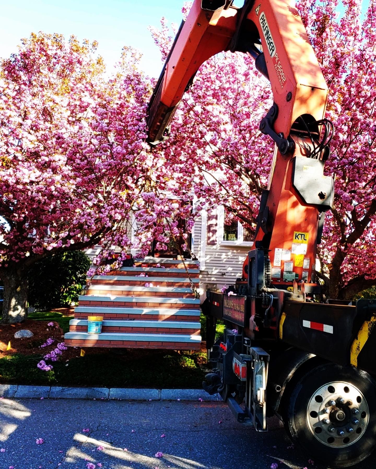 A truck with a crane attached to it is parked in front of a cherry blossom tree