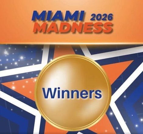 Miami Madness 2026 winners badge over a blue, orange, and gold star background