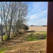 A view of a field and trees from a window.