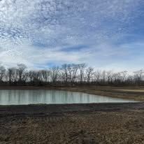 There is a small pond in the middle of a field with trees in the background.