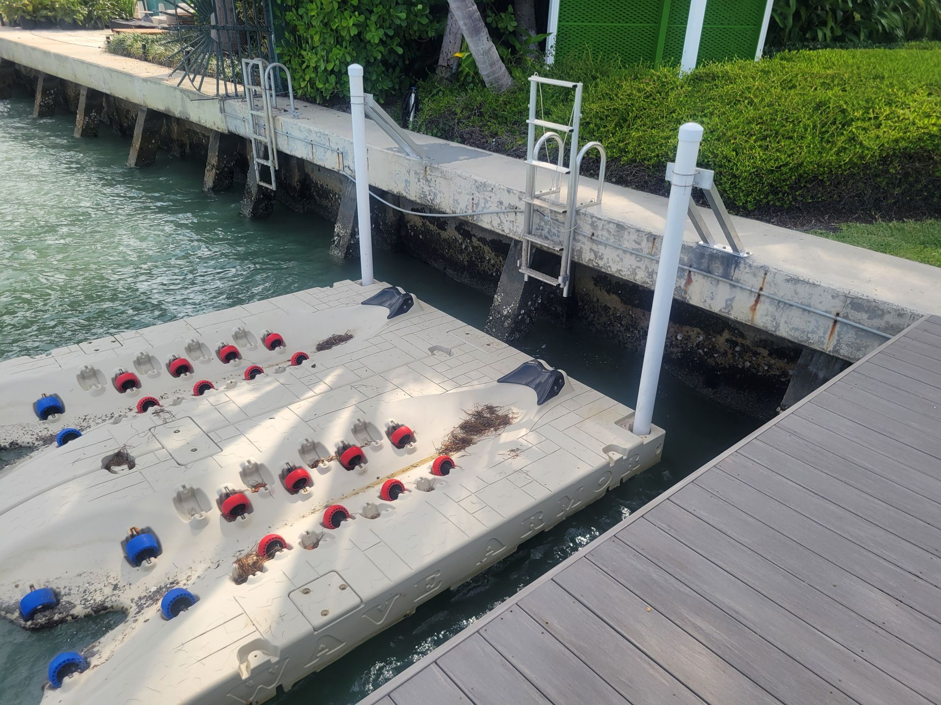 Dock with floating platforms in water, connected to a concrete pathway with ladders and safety netting.
