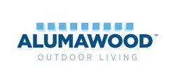 The logo for alumawood outdoor living is blue and white.