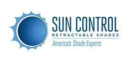 A logo for sun control retractable shades , america 's shade experts.