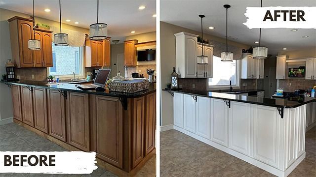Split before-and-after kitchen remodel showing dark wood cabinets updated to white cabinets with black countertops.