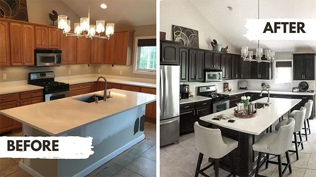 Before-and-after kitchen remodel: old oak cabinets and island beside a sleek dark-gray dining kitchen.
