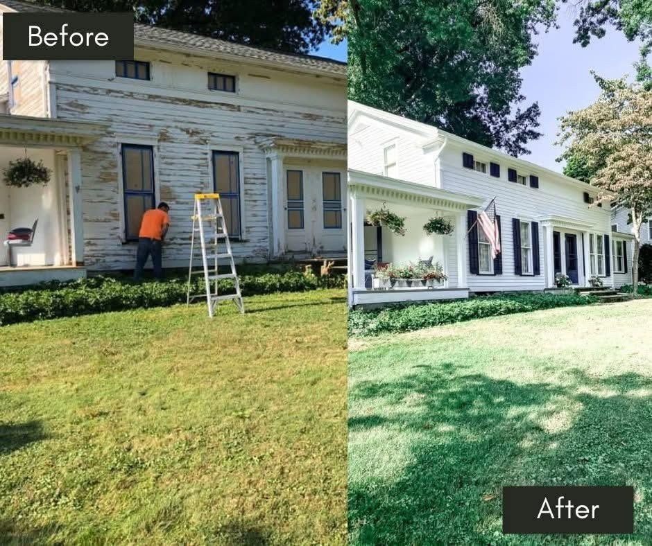 Split-view house exterior renovation: weathered old siding “Before” and bright refreshed home “After” with green lawn.