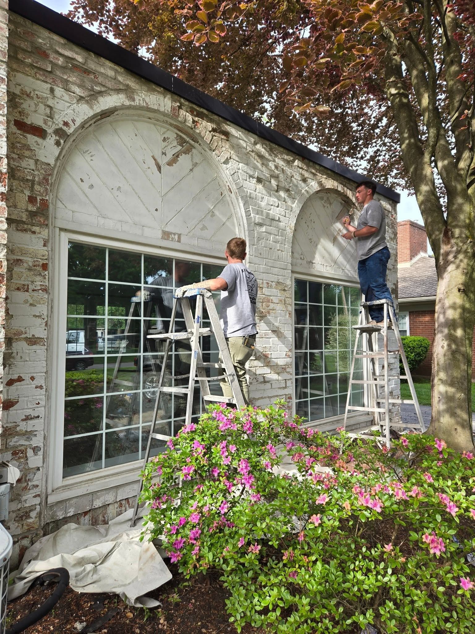 Two people paint a stone house exterior on ladders beside large arched windows and pink flowers.