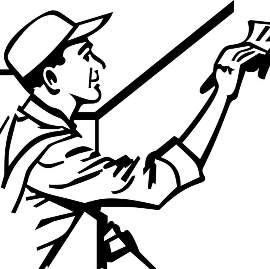 Illustration of a worker in a cap painting a wall with a brush on a ladder