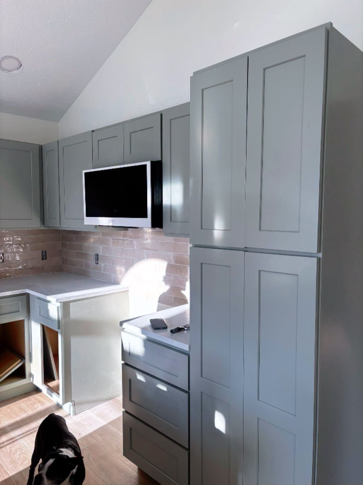 Modern gray kitchen with tall cabinets, white countertop, microwave, and a small black dog at the bottom left