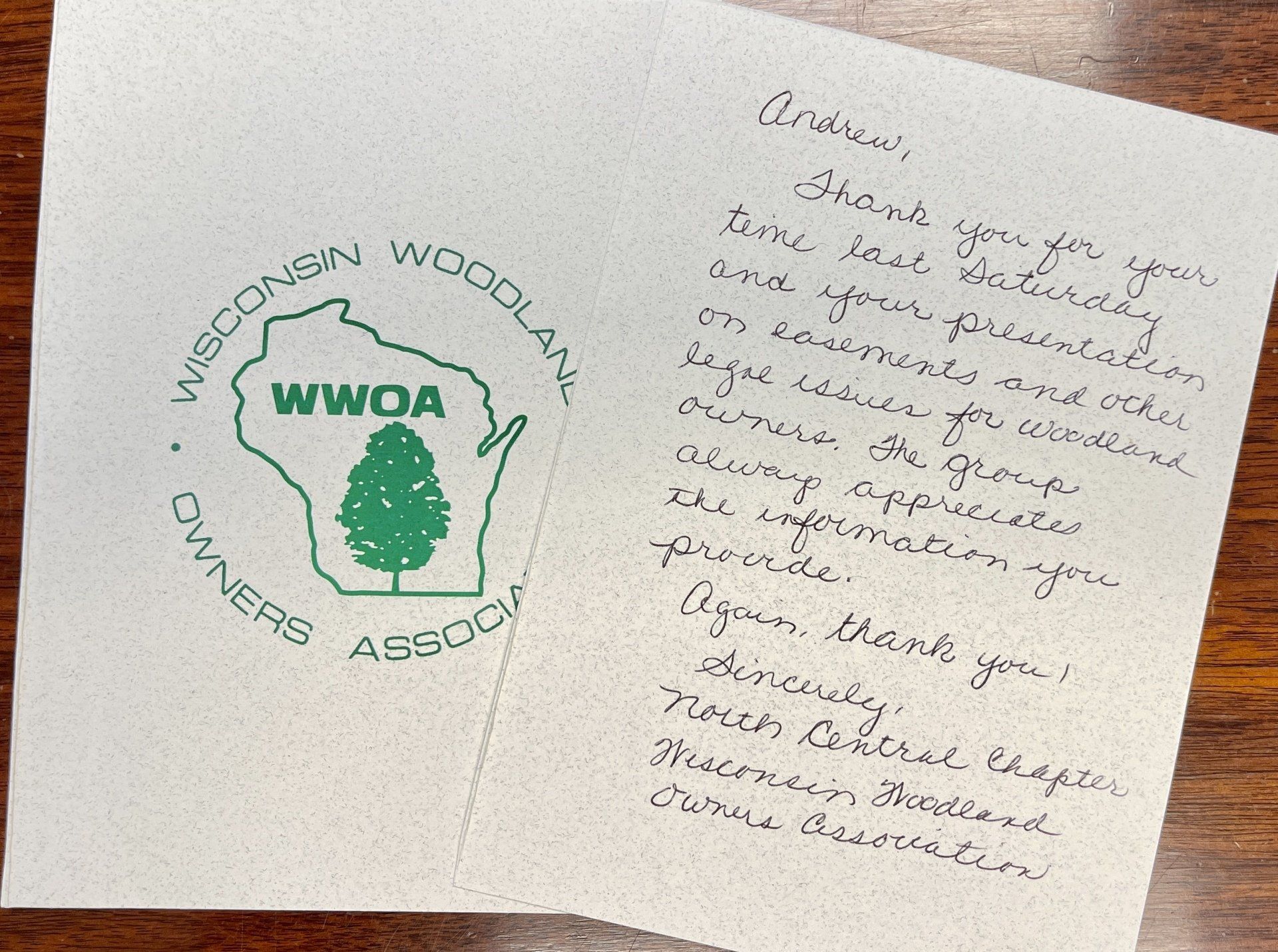 Thank you card from Wisconsin Woodland Owners Association