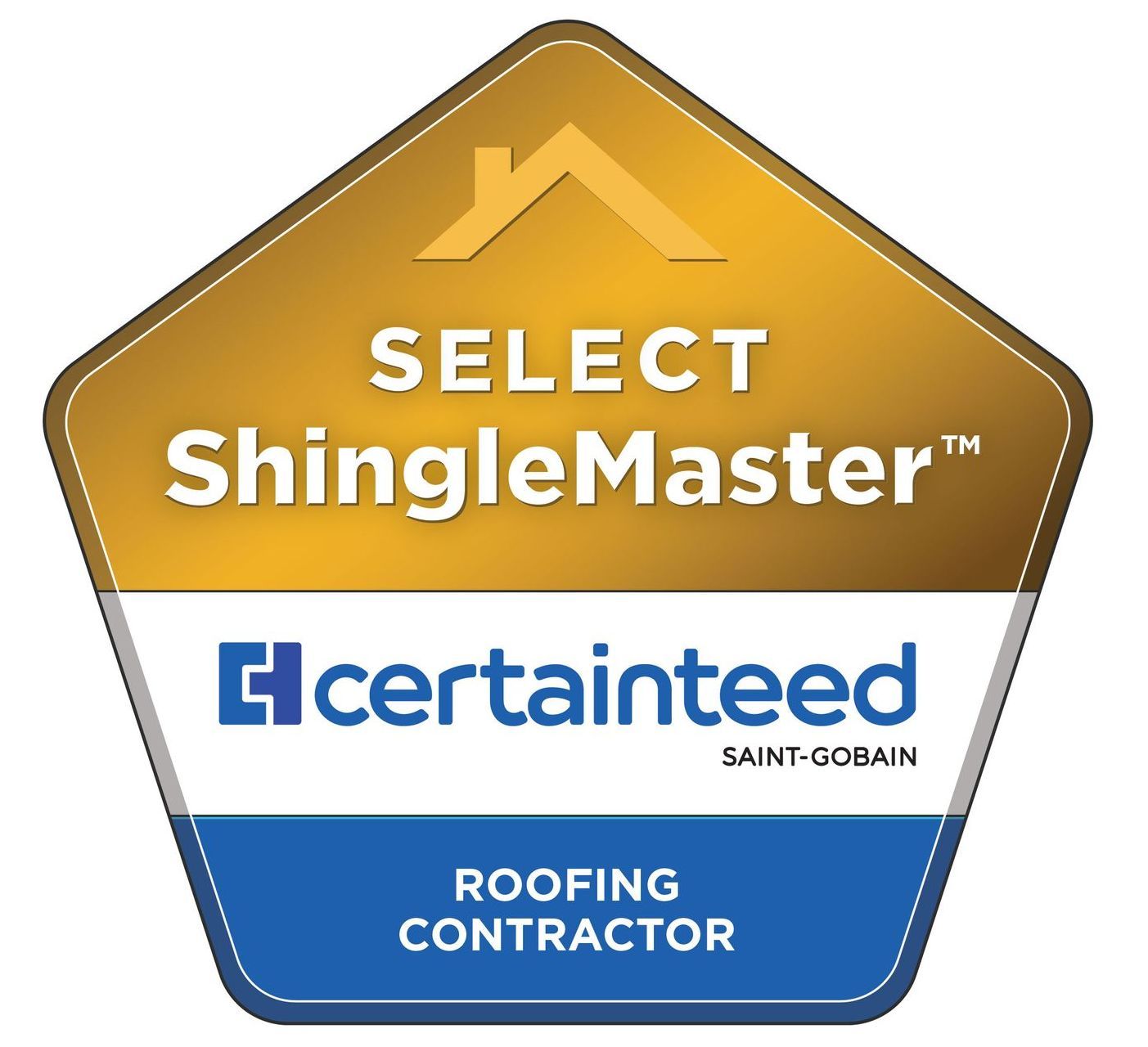Gold, white, and blue CertainTeed Select ShingleMaster Roofing Contractor emblem.
