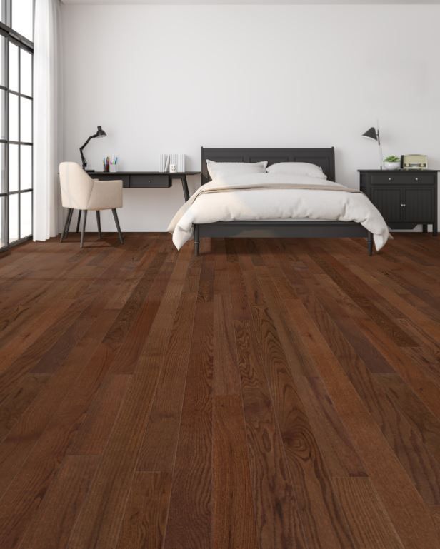 A bedroom with hardwood floors and a bed