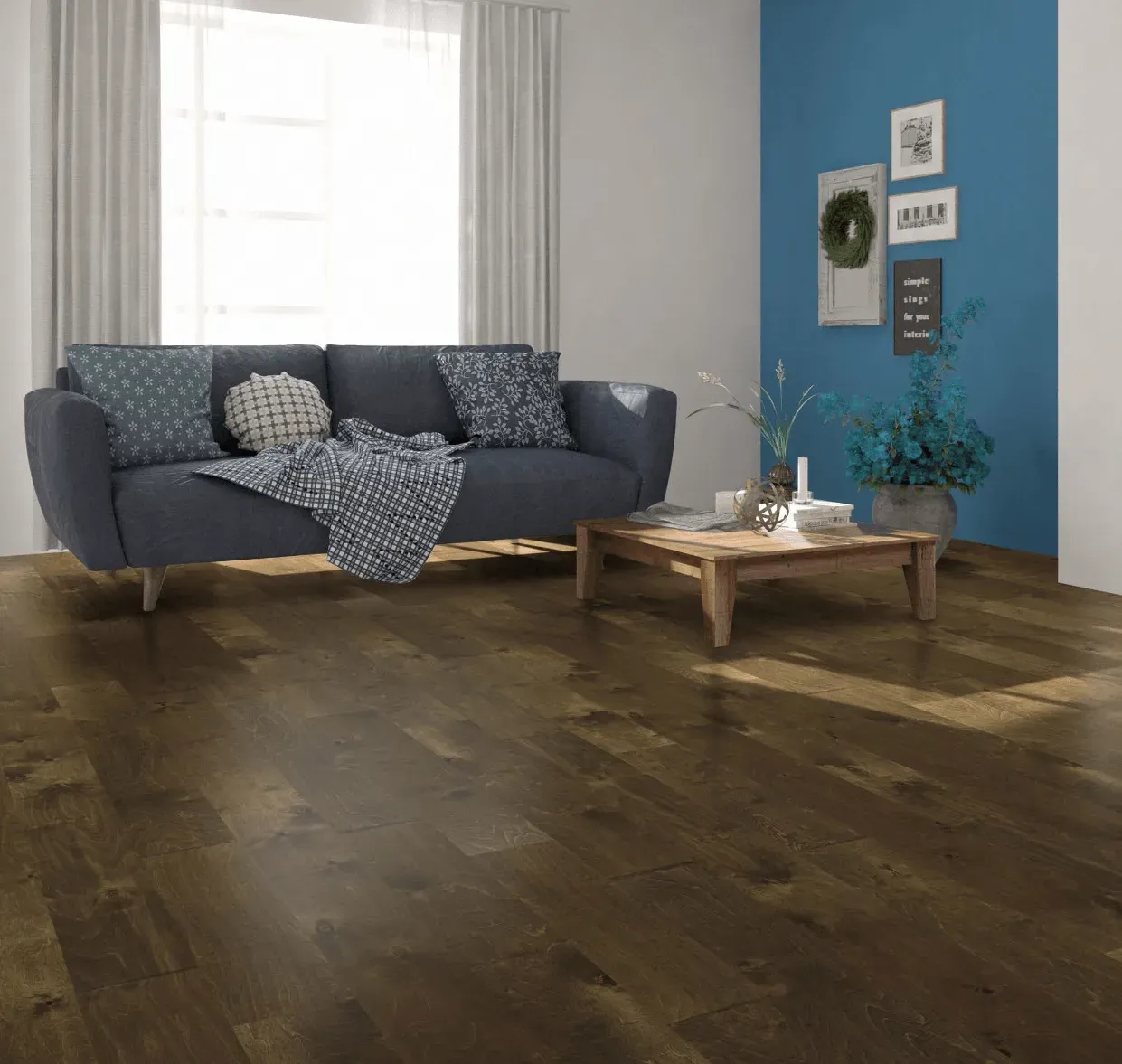 There is a couch and a coffee table in the living room.