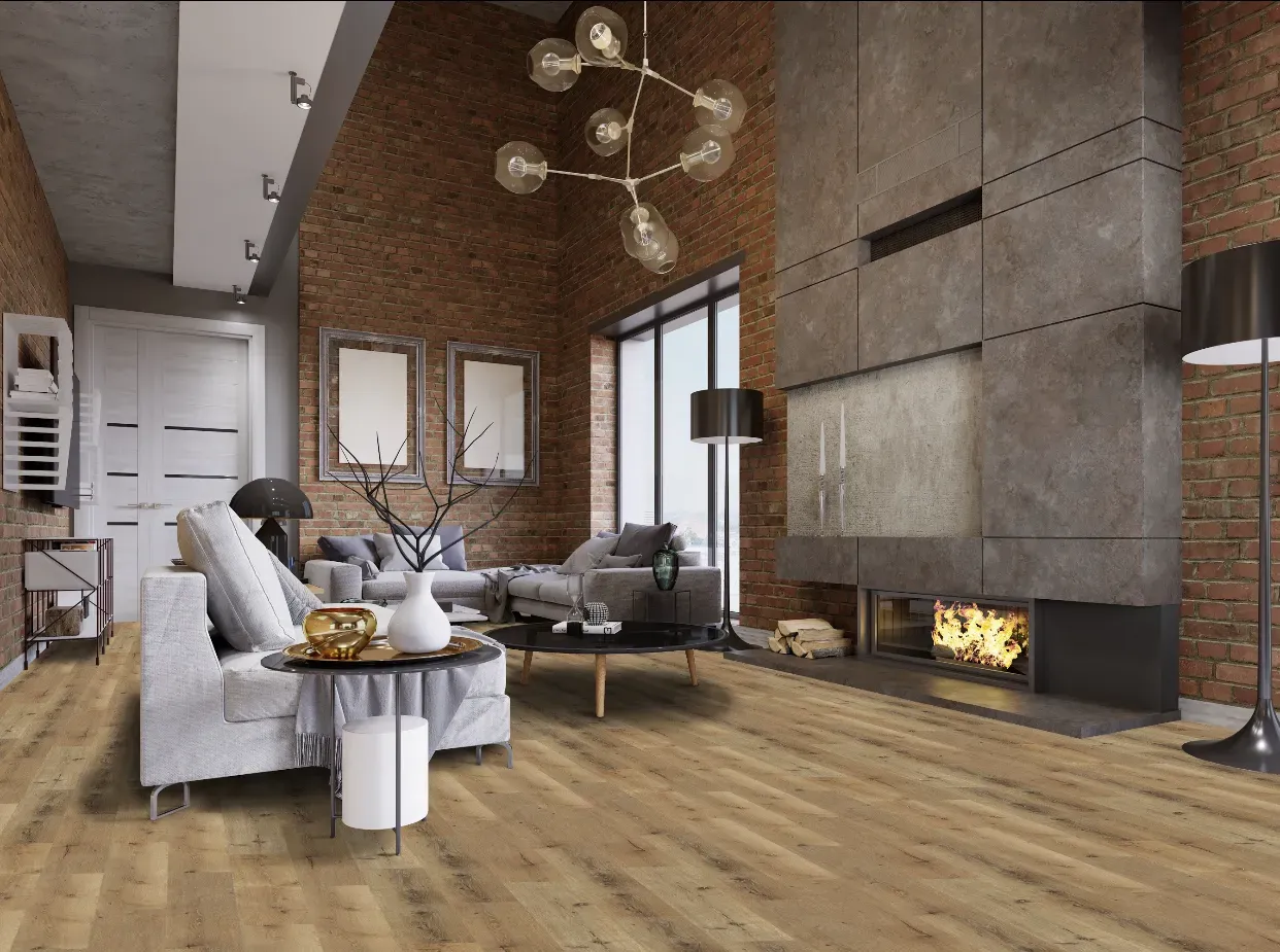 A living room with hardwood floors and a fireplace.