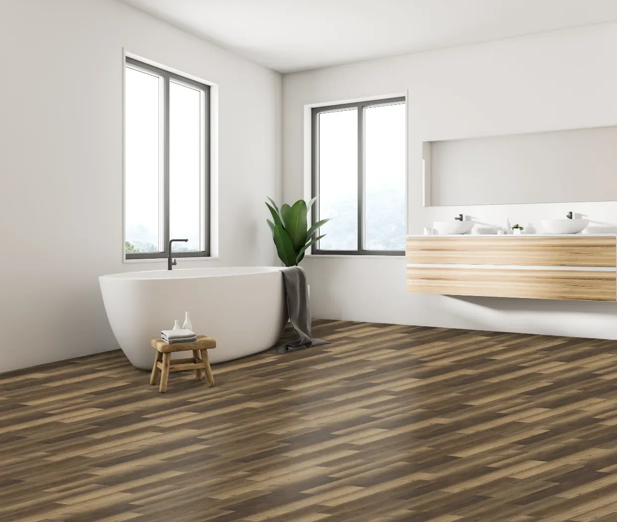 A bathroom with a tub , sink , and two windows.