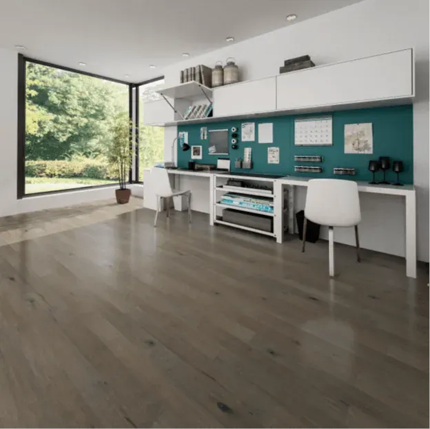 A room with a desk and chairs and a large window.