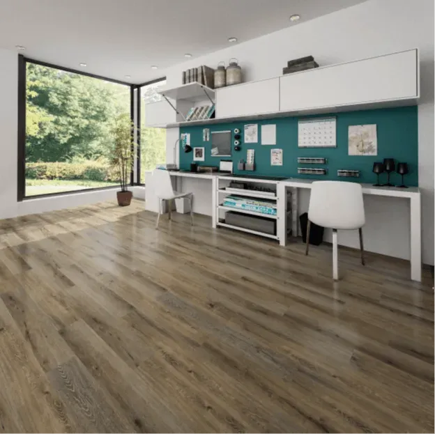 A room with a wooden floor and a desk and chairs