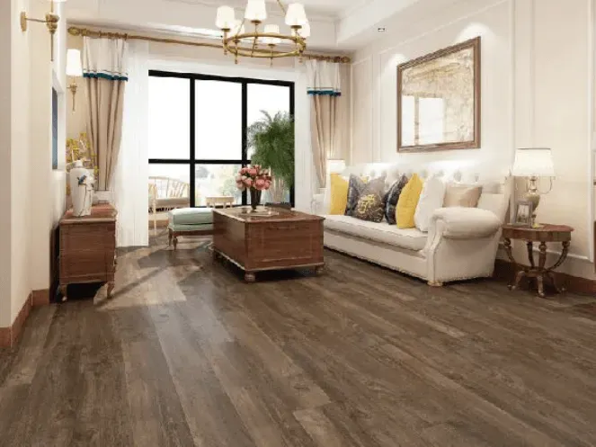 A living room with hardwood floors , a couch , a coffee table , and a large window.