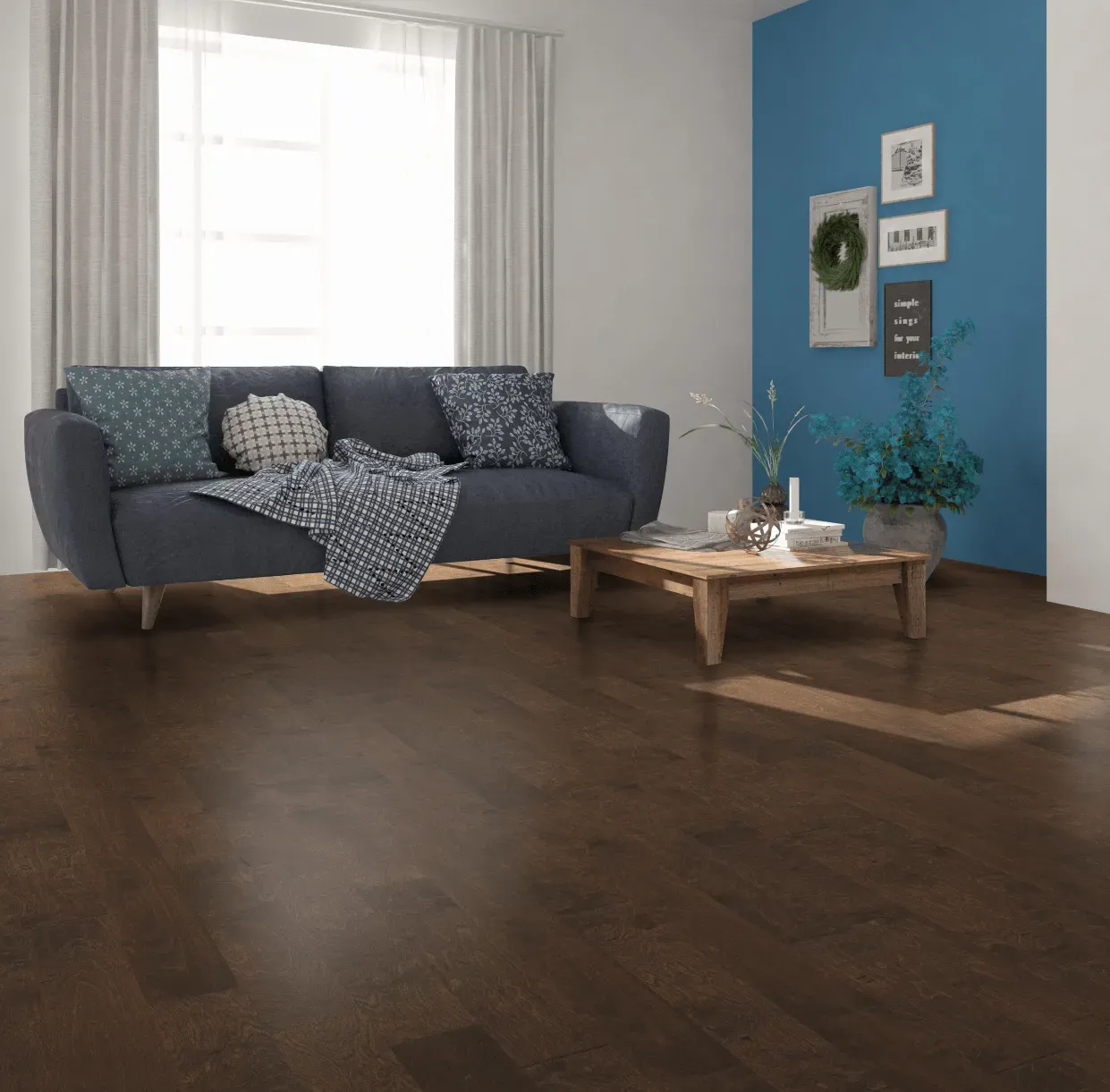 A living room with a couch and a coffee table