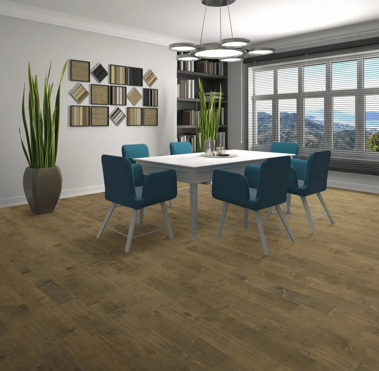 A dining room with a table and chairs and a potted plant