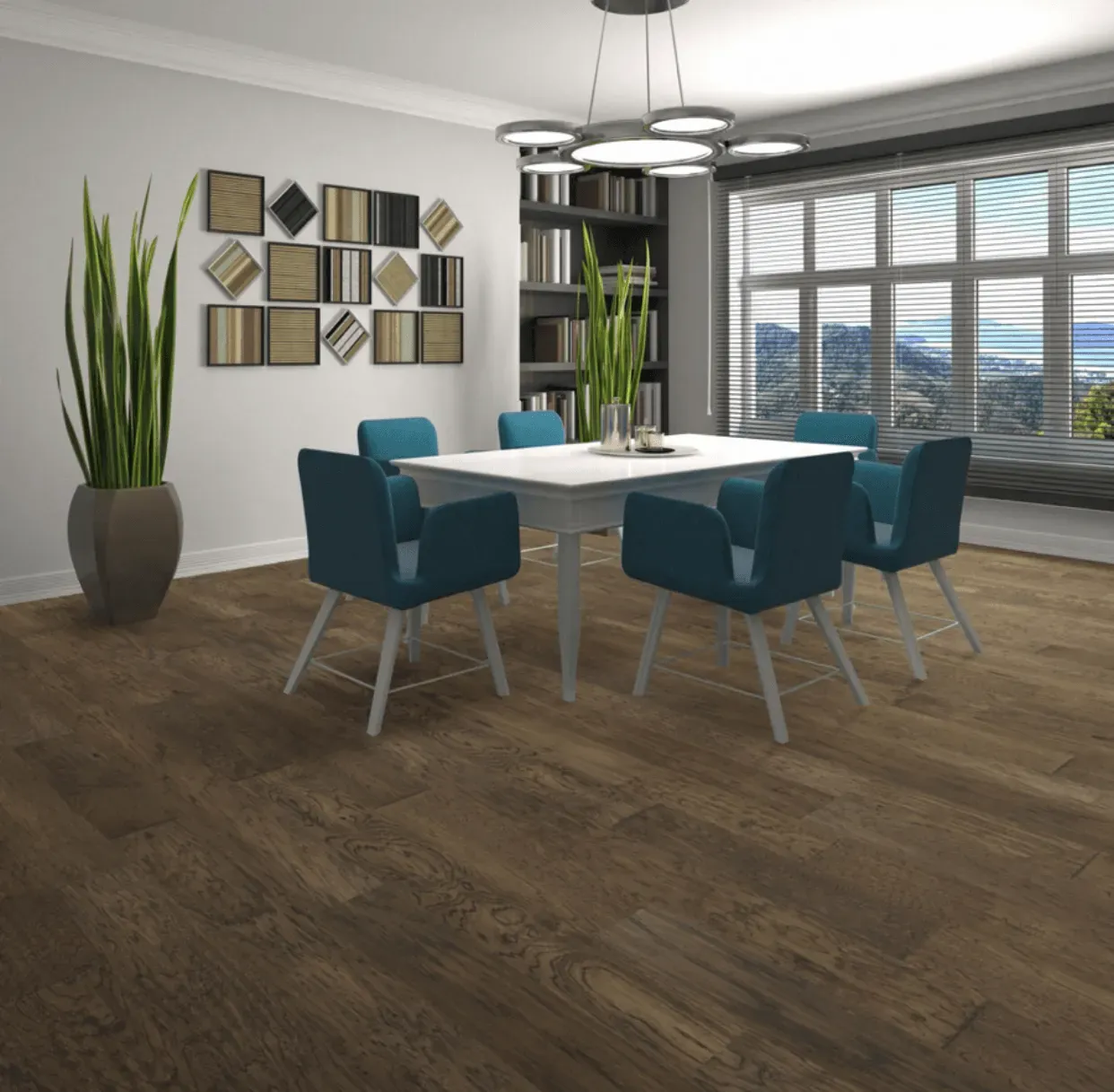 A dining room with a table and chairs and a potted plant