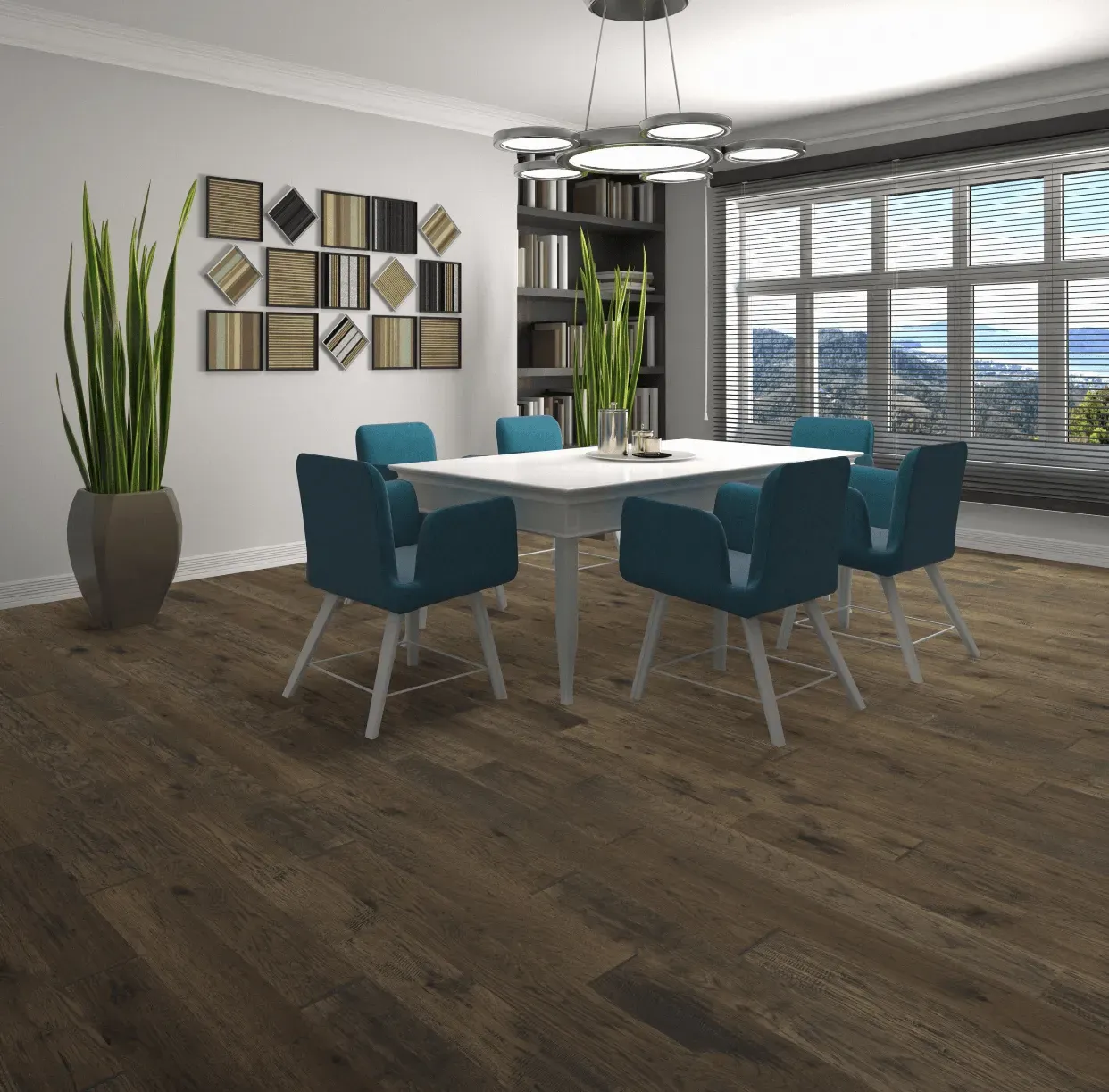 A dining room with a table and chairs and a potted plant