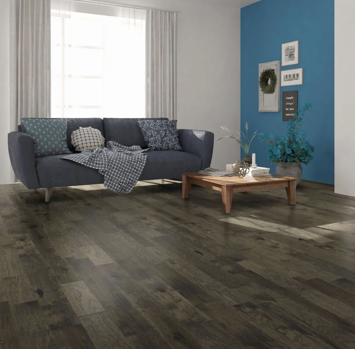 A living room with a couch and a coffee table