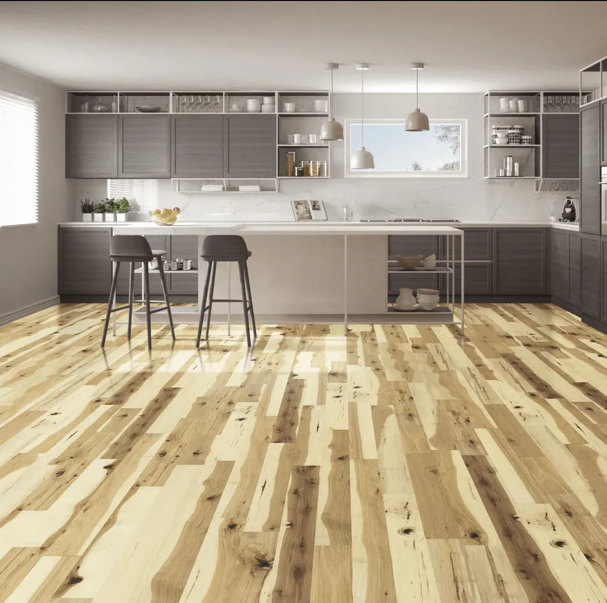 A kitchen with a wooden floor and stools