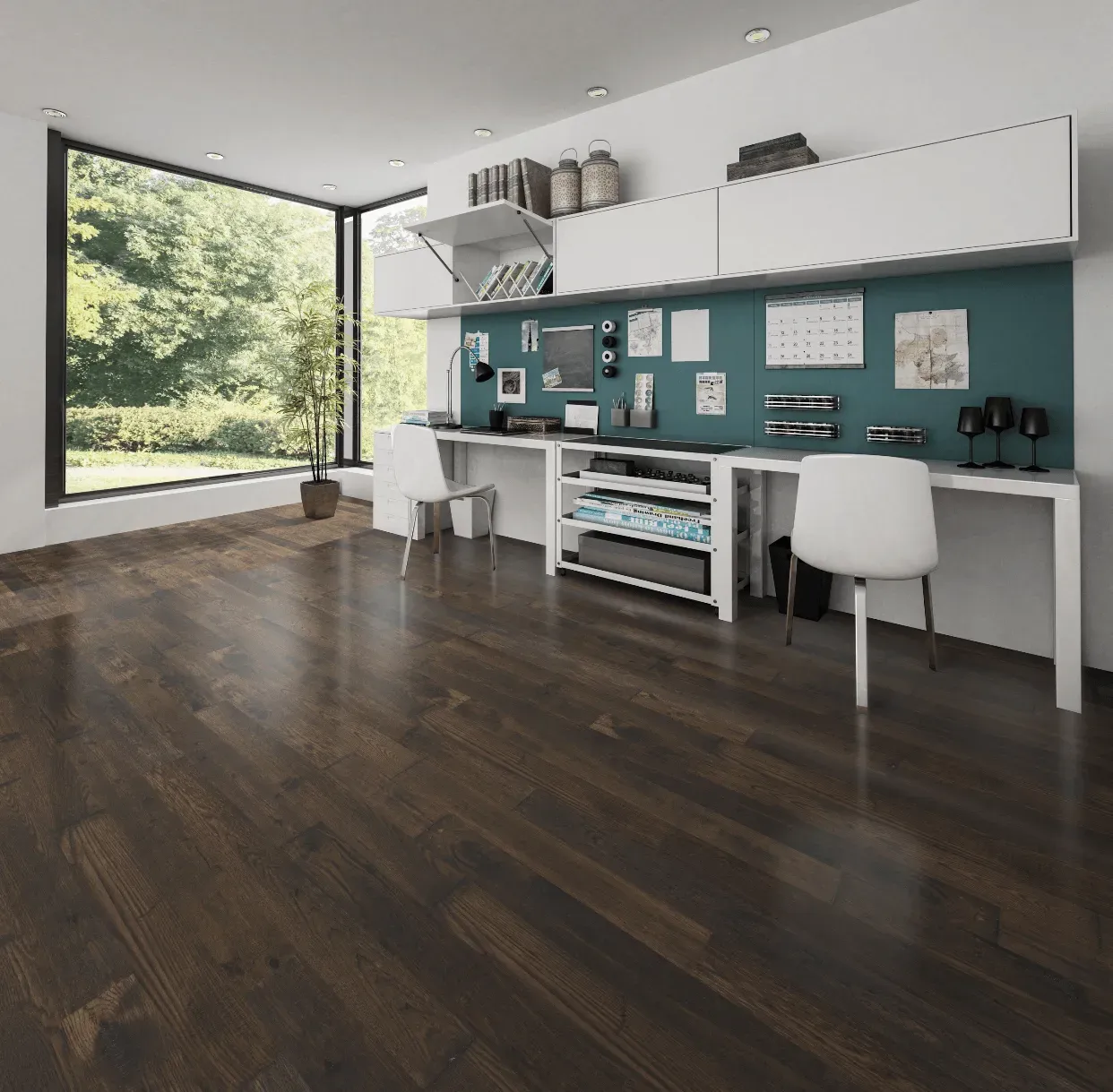 A room with a desk and chairs and a large window